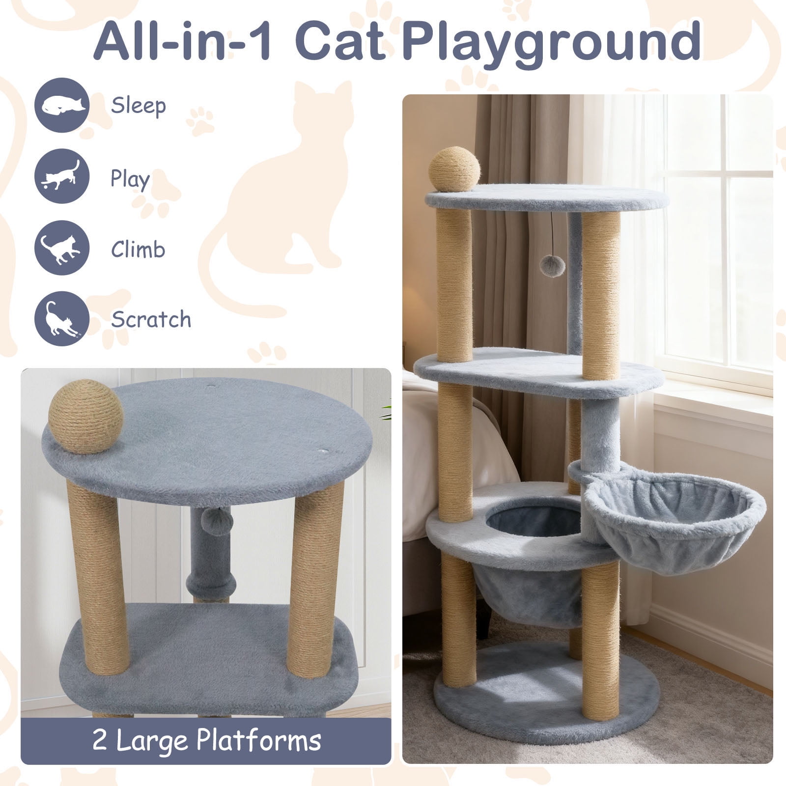 Gymax 48'' Tall Cat Towel w/Cat Nest Scratching Posts Ball Top Perch Hanging Ball