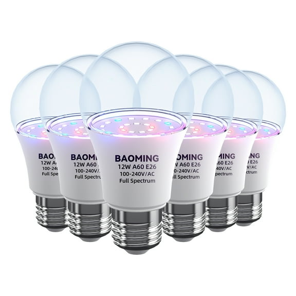 BAOMING 12W LED Grow Light Bulb - Full Spectrum Indoor Plant Lights, E26 Base, Energy Efficient, 6-Pack