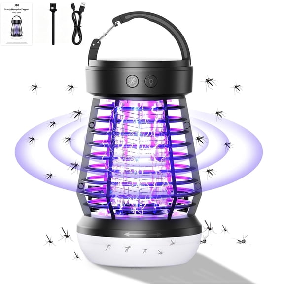 3 in 1 Bug Zapper Outdoor Indoor, 2000V USB Rechargable Mosquito Kiler with LED Lantern, Portable Waterproof Bug Zapper Camp Light SOS Emergency Light for Home, Backyard, Patio, Black