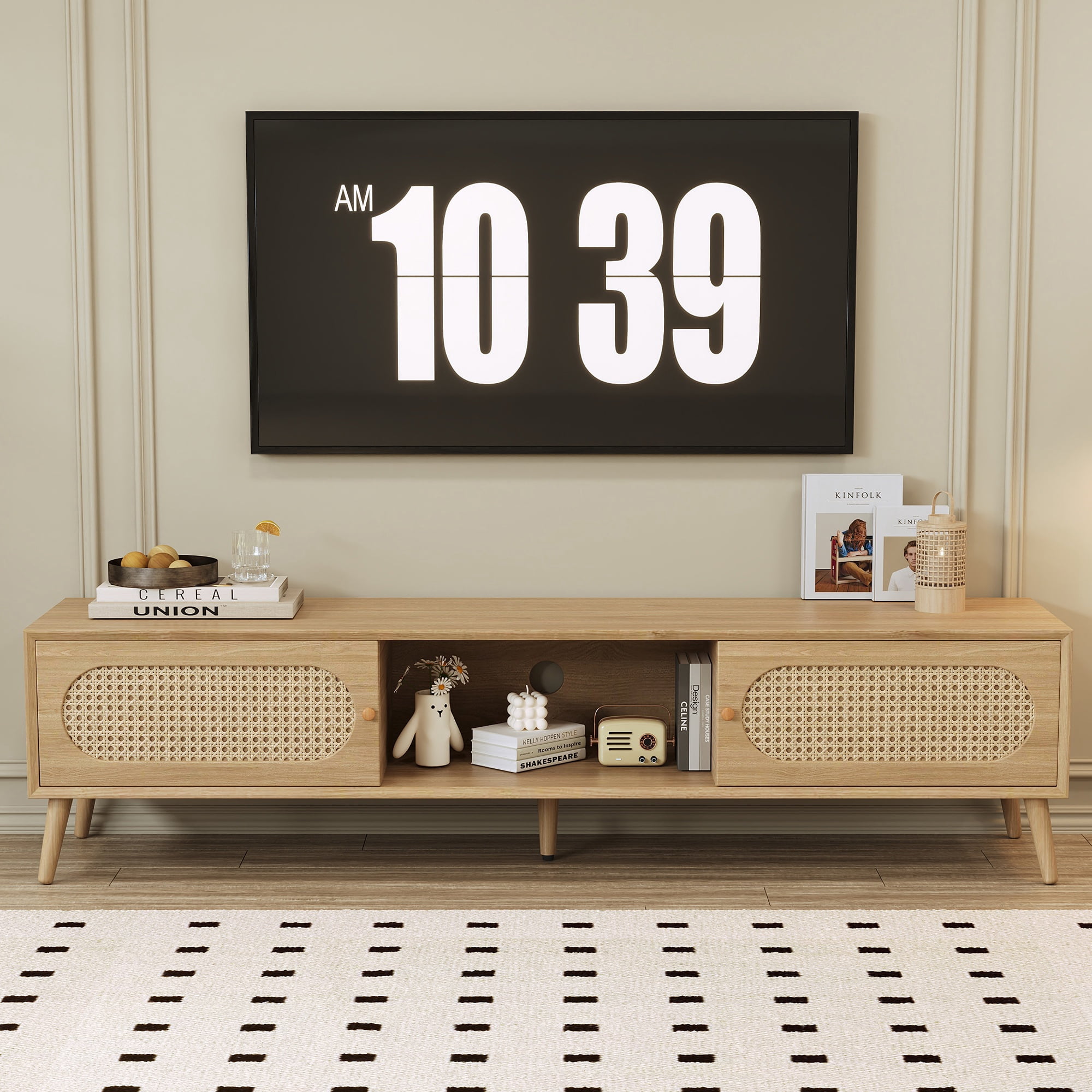 Paproos TV Stand for TVS up to 80", Modern Farmhouse Entertainment Center with Drawers, Storage Shelves, TV Console with Solid Wood Legs, TV Media Cabinet for Living Room, Bedroom, Natural