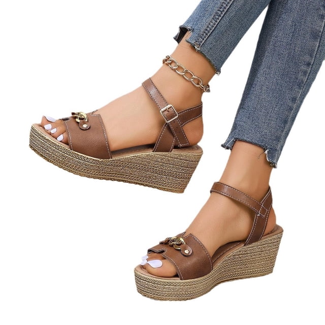 Platform Sandals Women Wedge Open Toe Adjustable Strap Non Slip Casual Wedge Sandals Khaki
