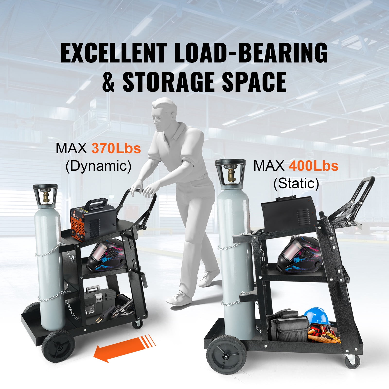BENTISM Welding Cart, 3-Tier Welder Cart Heavy Duty with 400Lbs Static Weight Capacity, 360° Swivel Wheels, Tank Storage Safety Chains, Rolling MIG Welder Cart for TIG, ARC, MMA Welding Machine