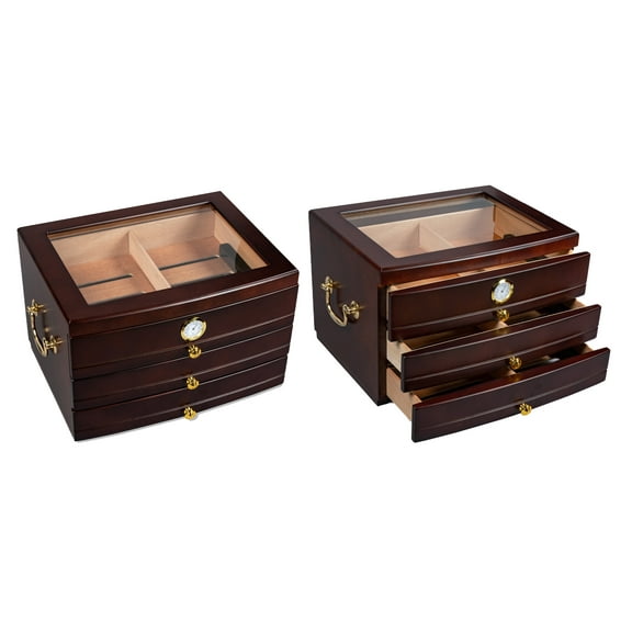 Regent Glass Top Cigar Humidor w/ 3 Drawers - Dark Mahogany Finish - Capacity: 75