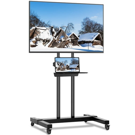 RTVR Rolling Mobile TV Cart Stand with Wheels for 32 to 85 inch Flat Curved Screens, Modern Portable Tall TV Stand with Adjustable Metal Shelf Black