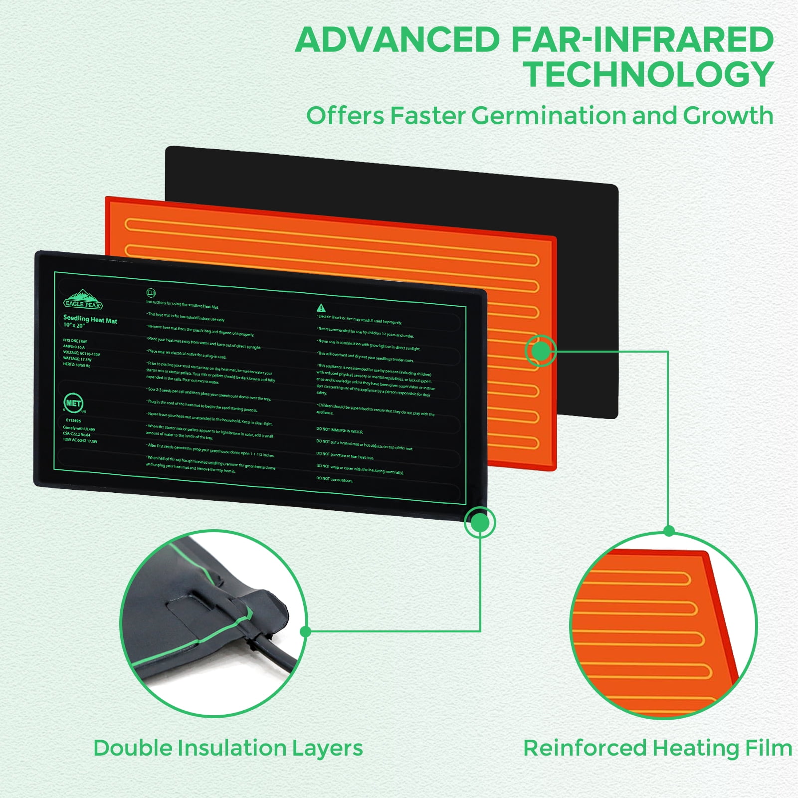 EAGLE PEAK 2 Pack Seedling Heat Mat Durable Waterproof 10" x 20", UL & MET-Certified Heating Pad for Seed Starting and Germination