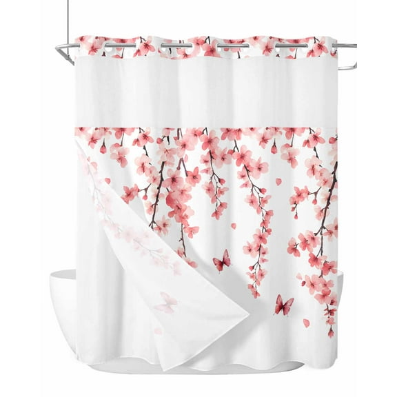 No Hook Cloth Fabric Shower Curtain with Snap in Liner, Cherry Blossoms Waterproof Shower Curtains Set with See Through Top Window, Spring Botanical Flowers Watercolor Bath Curtains Shower 66"x72"