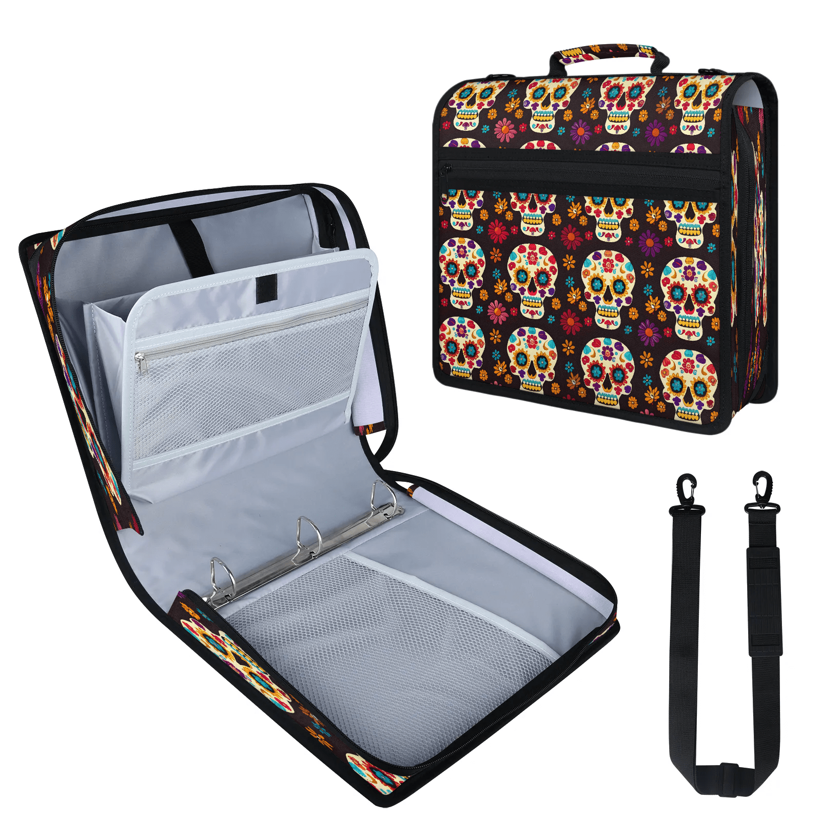 Herdesigns Sugar Skull Day Of The Dead Halloween Zipper Binder with Shoulder Strap, Waterproof 1.5 Inch 3 D-Ring Binder Organizer Bag, Fits 13 Inch Laptop for Work, Skull