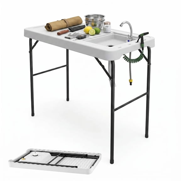 BouPower 42.5"x22.8" Portable Fish Cleaning Table with Sink & Sprayer, Foldable Outdoor Fillet Camping Sink Station, White