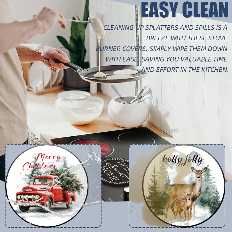 4 Pcs Christmas Gas Stove Burner Cap Set, Merry Christmas Holly Jolly Durable Round Gas Stove Burner Covers Set of 4 for Kitchen Xmas Decor, 8 Inches and 10 Inches