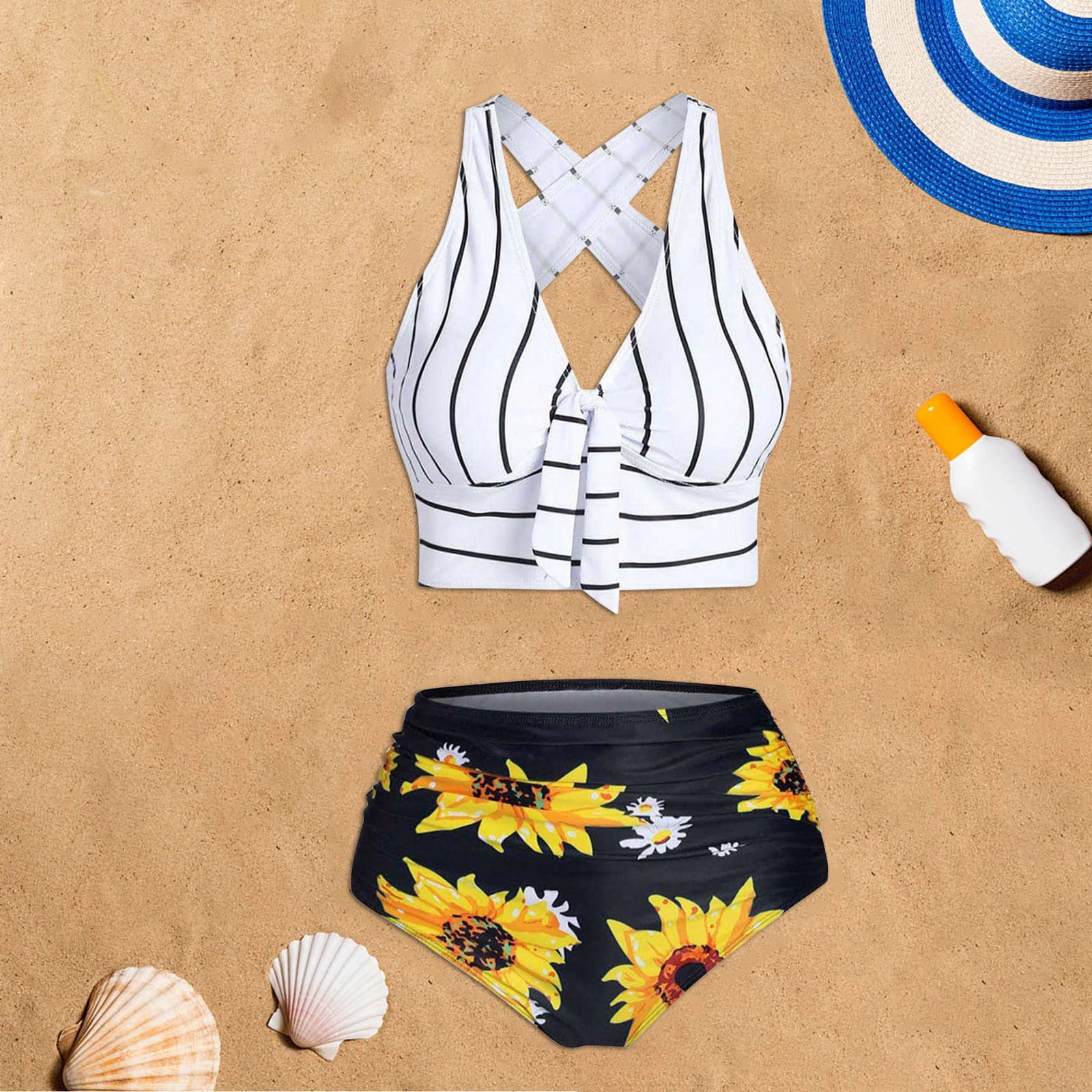 nsendm Female Underwear Adult Sunflower Bikini Top for Women Women Swimsuits High Waisted Bathing Suit Swimsuit Flounce Tops Lane Swimwear plus Black