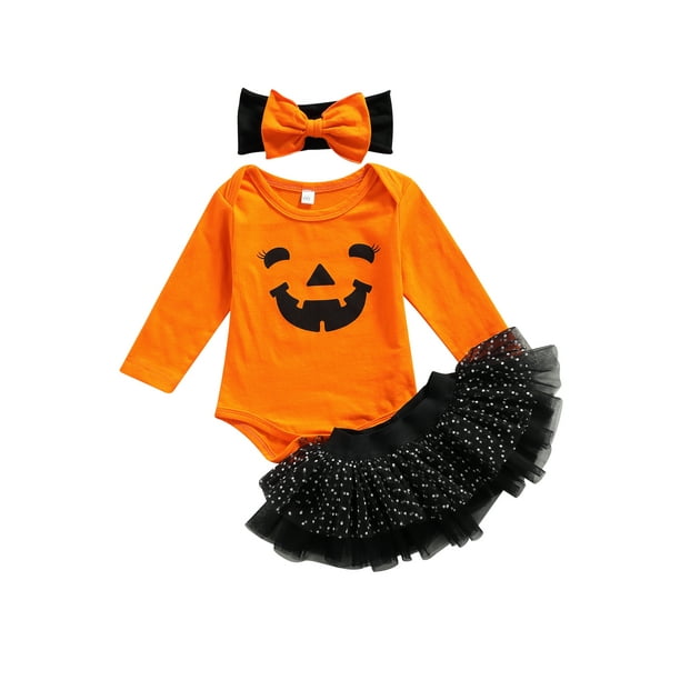 Nituyy 3PCS Baby Halloween Outfits Pumpkin Romper Tutu Skirt