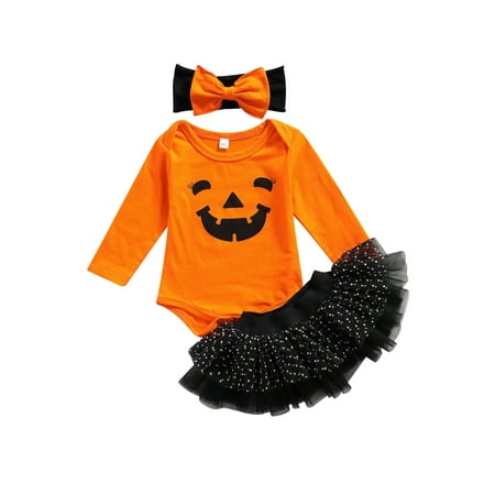 

BrilliantMe 3PCS Baby Girls Halloween Outfits Long Sleeve Pumpkin Face Romper + Tutu Skirt + Headband Set Orange 9-12 Months