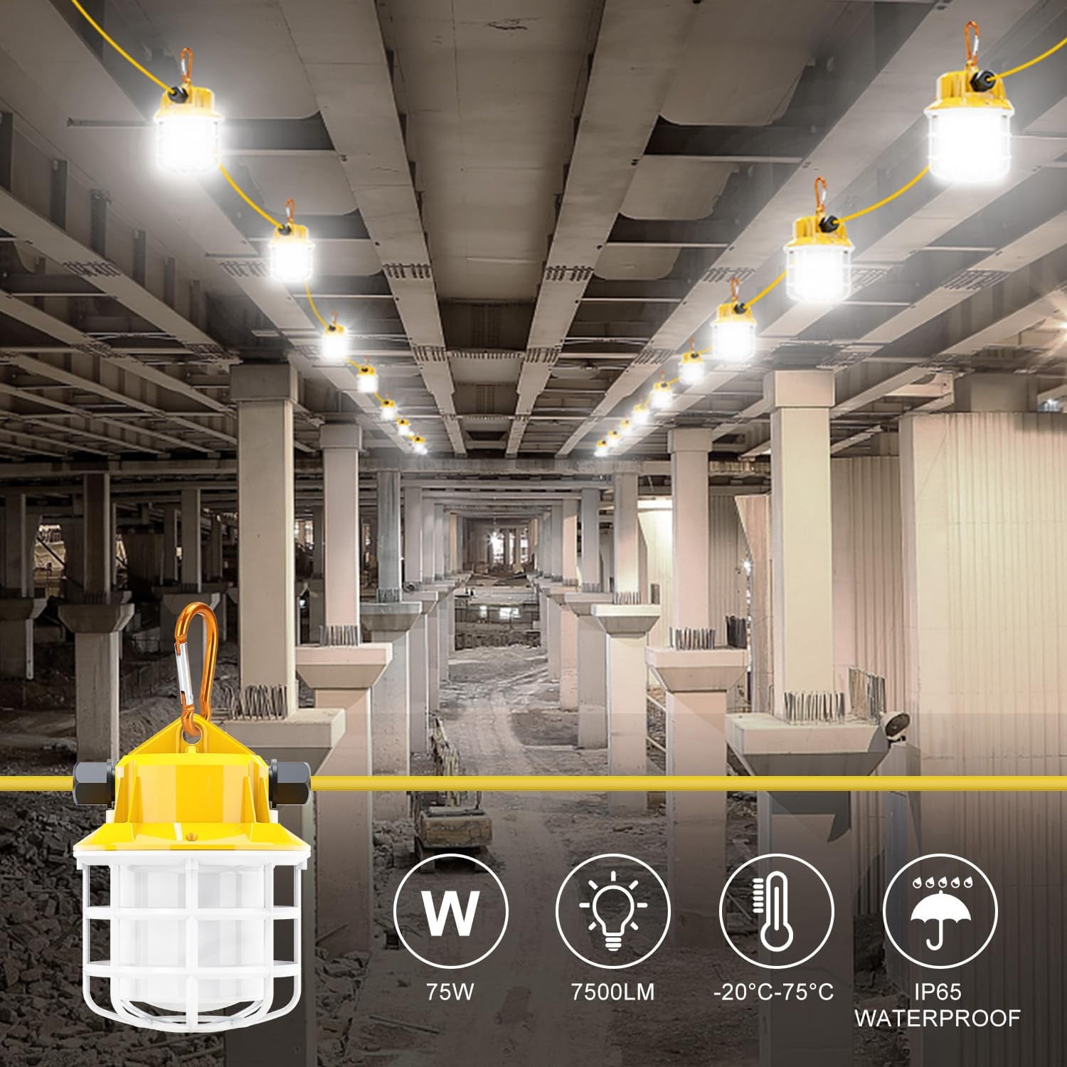 50ft LED Construction String Lights, 75W 7500LM Super Bright LED String Work Lights, Construction Temporary Lights (50ft-5lights)
