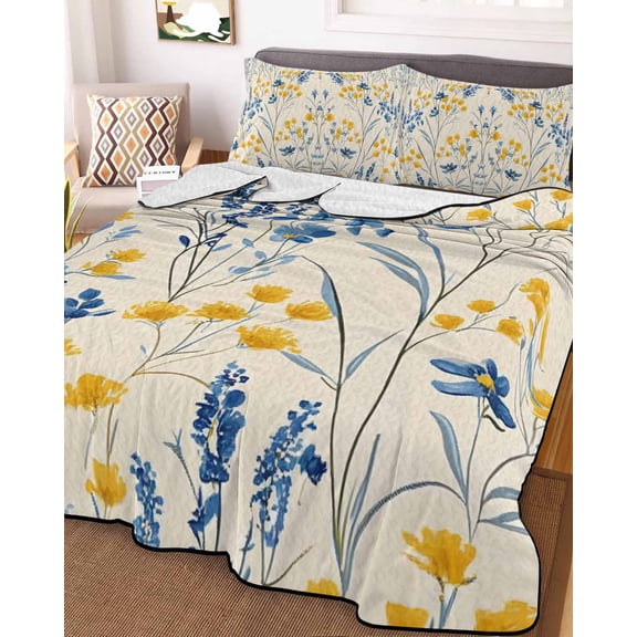 Blue Yellow Flowers Full Size Down Alternative Comforter, Lightweight Comforter Quilt Bedding Set with Pillow Shams Botanical Blossom Motif All Seasons Bed Comforter Duvet Insert 78"x90"
