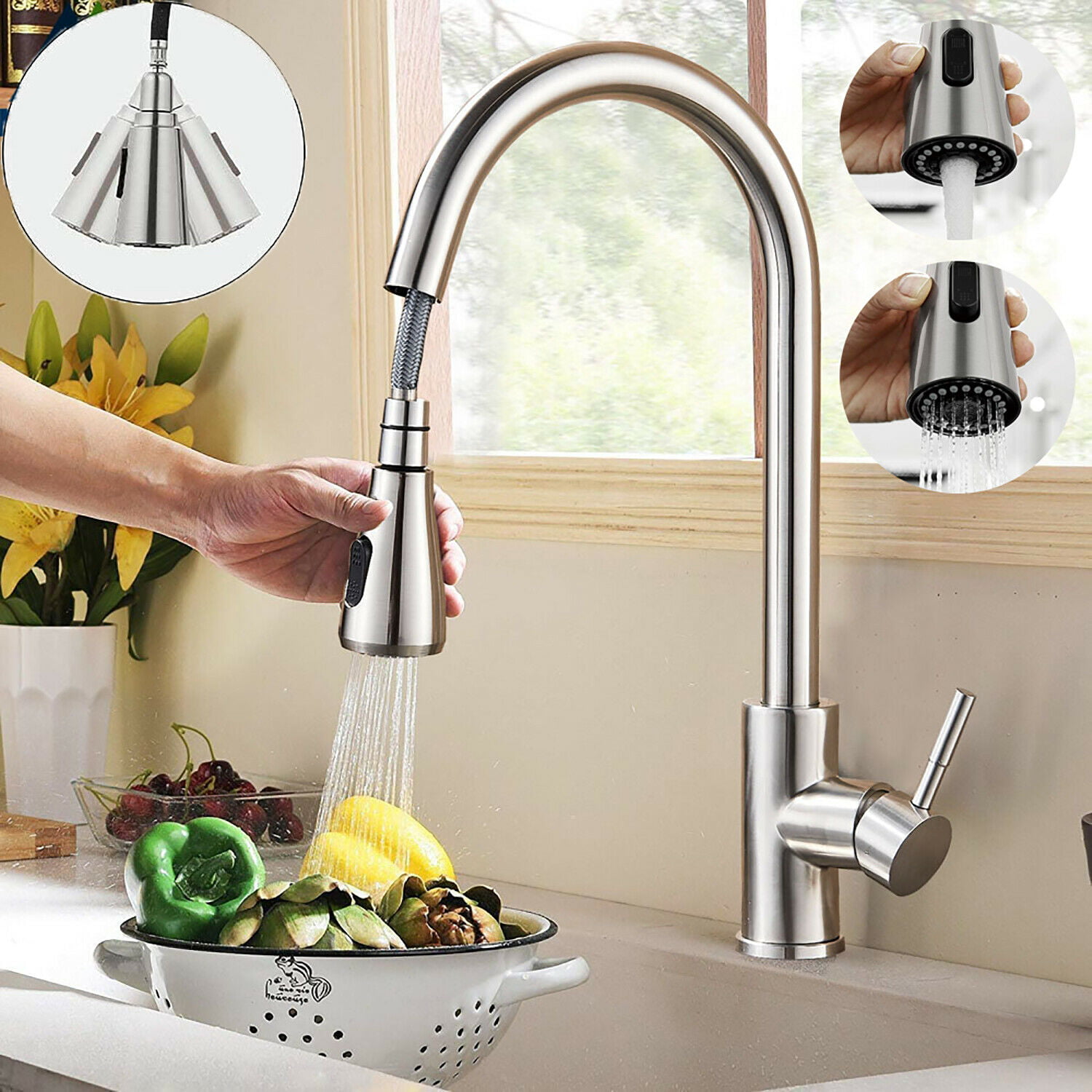 Brass Kitchen Faucet Pull Out Sprayer Brushed Swivel Sink Mixer w/soap dispenser