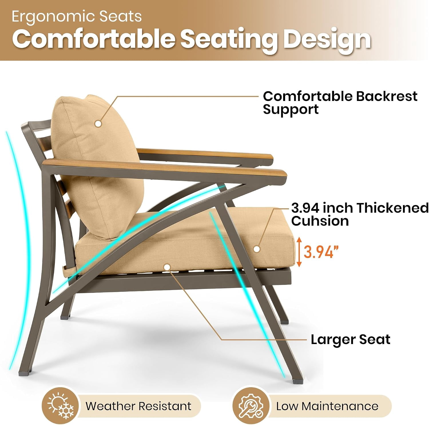 6-Piece Outdoor Patio Seating Set with Ottomans, Steel Frame Sofa & Acacia Wood Coffee Table, Brown Cushions