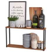 Wallniture Porto 2 Tier Kitchen Wall Shelf Floating Rustic Shelves with Metal Brackets Farmhouse Decor Storage, Walnut
