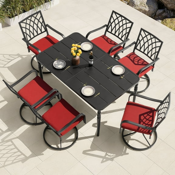 Nuu Garden 7-Piece Heavy Duty Outdoor Metal Dining Set, 61” x 37” Spacious Table with Umbrella Hole and 6 Swivel Chairs with Red Removable Cushions,  360-Degree Swivel Furniture Set, Black