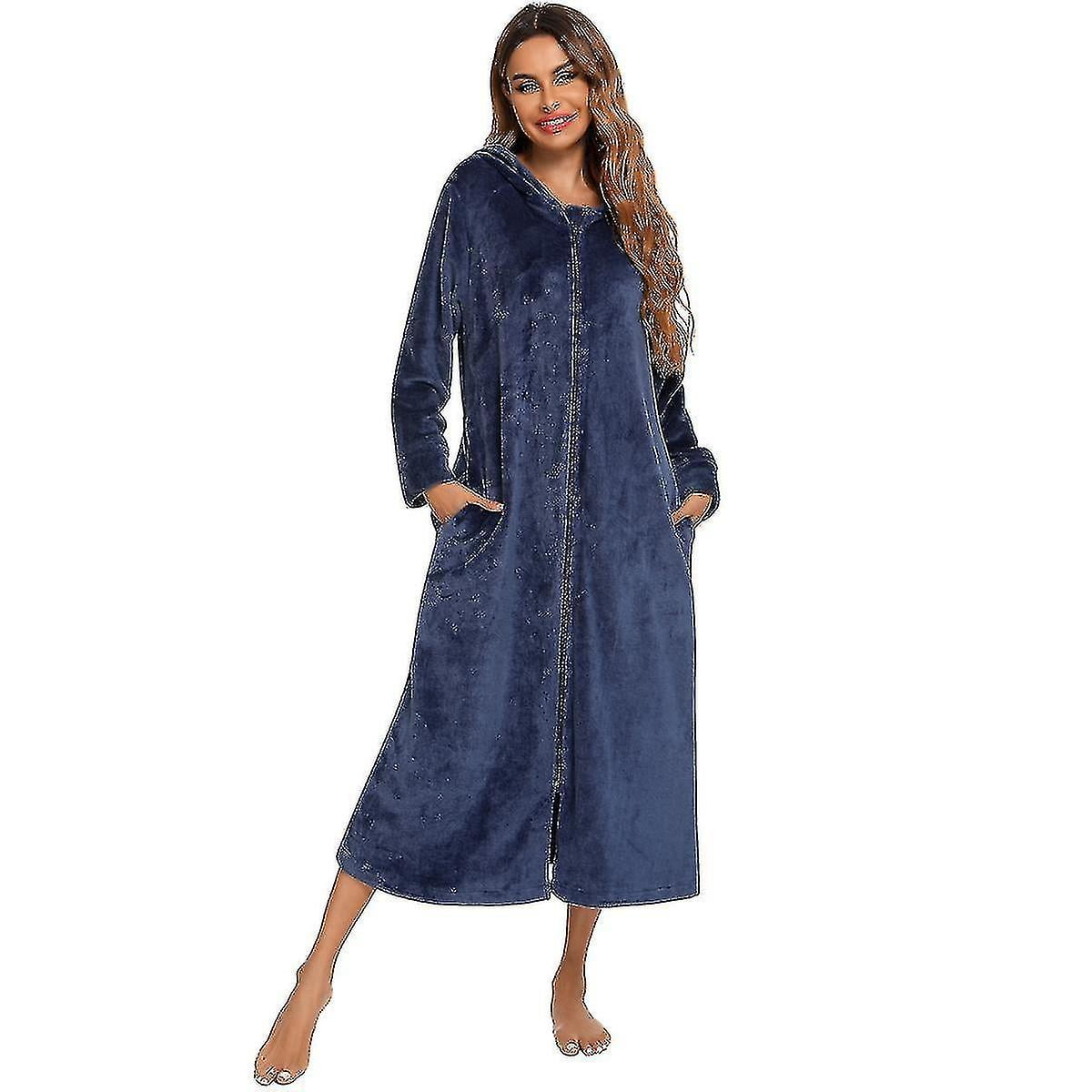 Women's Zip Up Plush Fleece Robe Hooded Warm Long Bathrobe