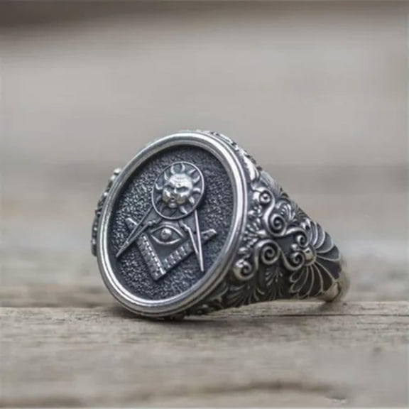 K-KED Vintage Mason Ring Men's Alloy Metal Free Masonic Round Signet Ring Punk Biker-8
