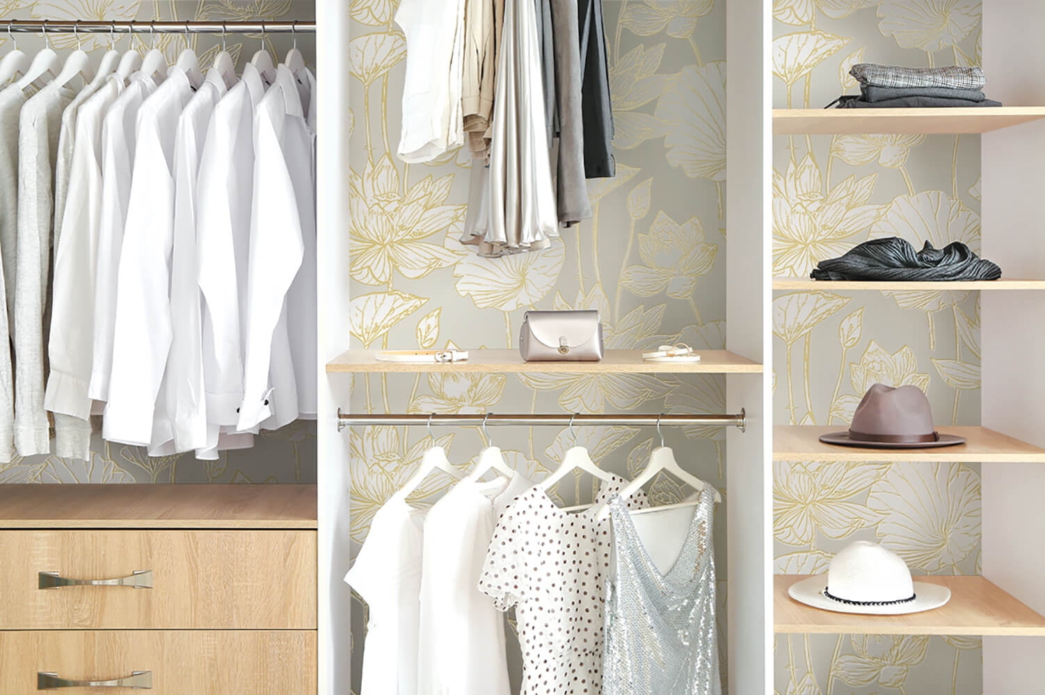 NextWall Metallic Gold & Grey Lotus Floral Peel and Stick Wallpaper - 20.5 in. W x 18 ft. L Roll