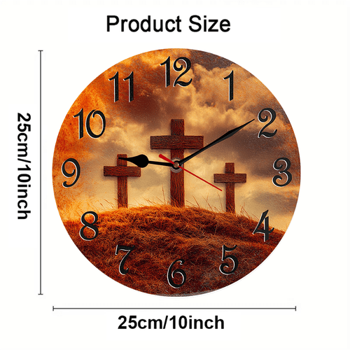Kurmntregon Jesus God Cross Wall Clock Bible Holy Religious Mountain Wooden For Bathroom Silent Non Ticking Decorative Clock Battery Operated Home Office Living Room Decor Round 10"