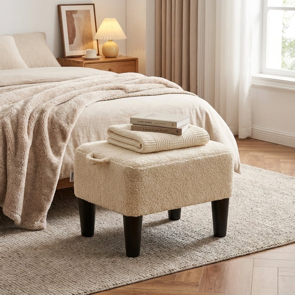 Ledrem Small Ottoman Foot Stool with Thick Cushion, Sand Teddy Fleece