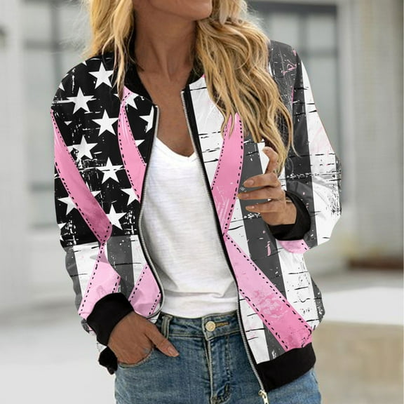 Hvyesh Jackets for Women Breast Cancer Awareness Bomber Jackets Long Sleeve Zip Up Casual Coats Fall Pink Ribbon Print Fashion Outfits Black