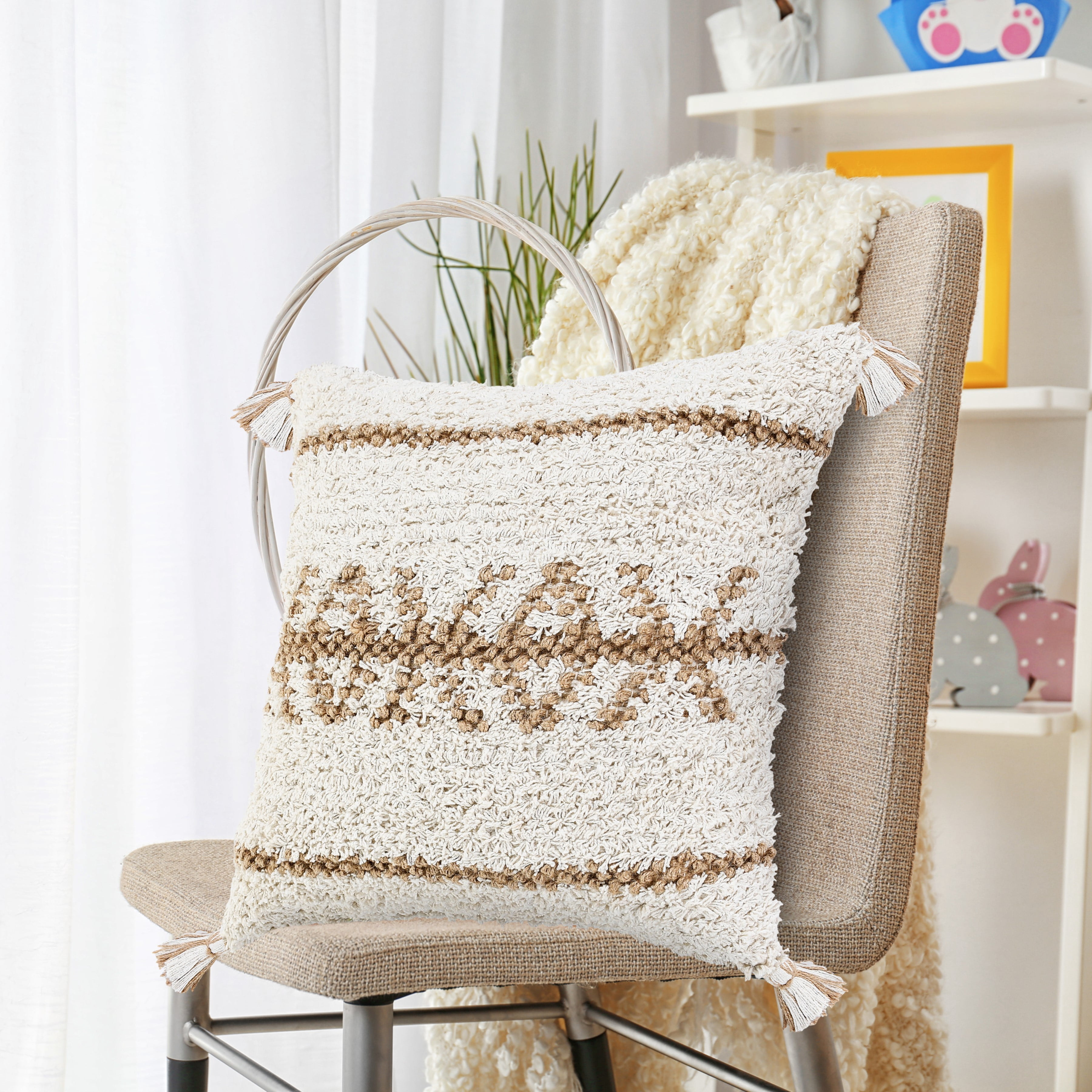 Desert Fields Boho-Chic Geometric Jute and Cotton Throw Pillow