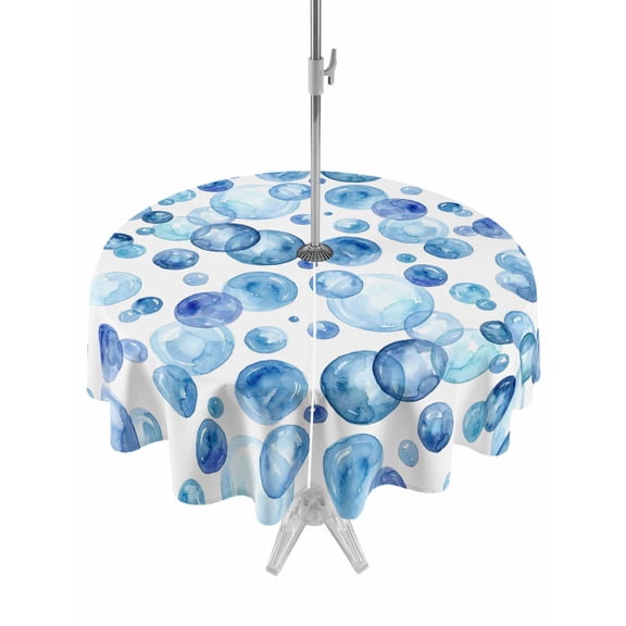 Outdoor Tablecloth with Umbrella Hole for Patio/Picnic/Party/Camping, Blue Ocean Bubble Waterproof Table Cloth Round Cover Washable, Watercolor Sea Bubble Summer (Dia 54")