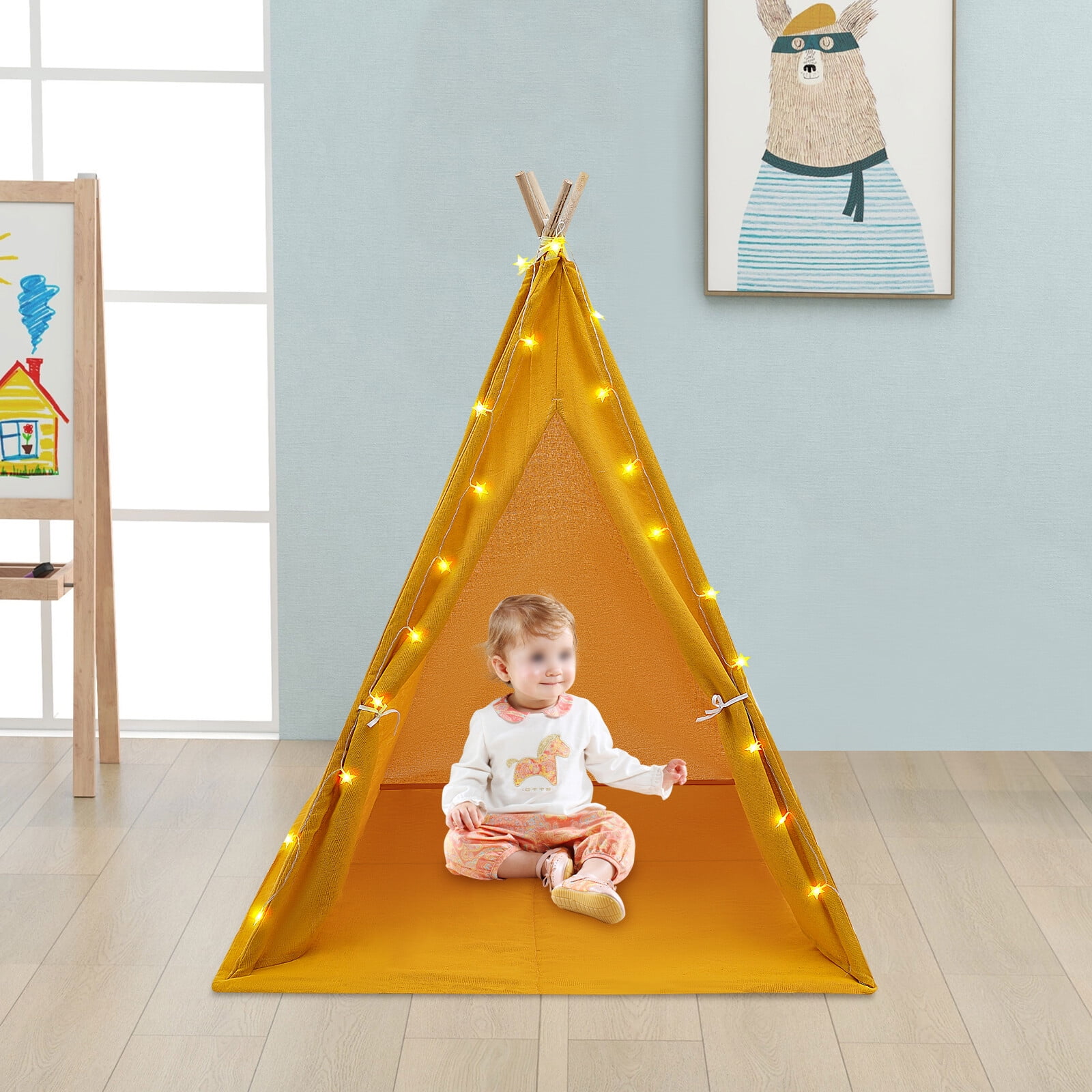 Kids Tent with String of Lights&Window&Floor Mat , Yellow, Camping Tent for 1-3 Kids(Aged 1-12)