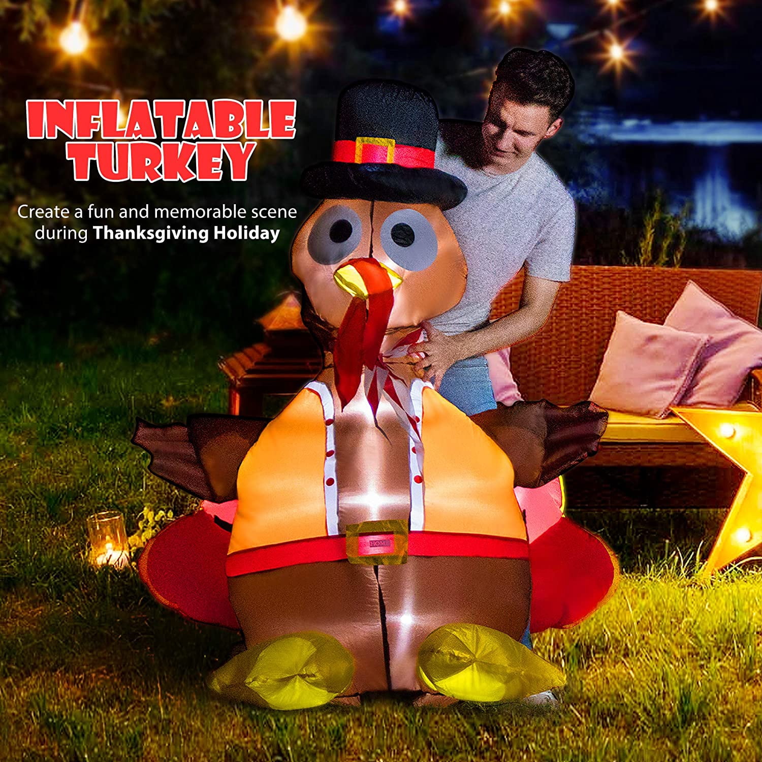 SPECSTAR5ft Height Thanksgiving Inflatable Lighted Turkey with Hat Blow up Outdoor Lawn Yard Decoration
