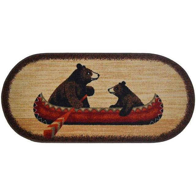20 x 44 in. Oval Cozy Cabin Bear Canoe Printed Nylon Kitchen Mat & Rug