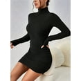 thumbnail image 5 of Women'S Rib Knit Ruched Long Sleeve Short Bodycon Dresses High Neck Slim Fit High Waist Sweater Dress Black L, 5 of 7