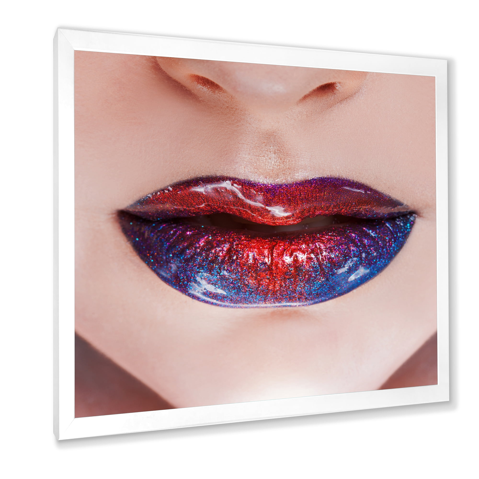 Designart 'Beautiful Women Lips With Red and Blue Lipstick' Modern Framed Art Print