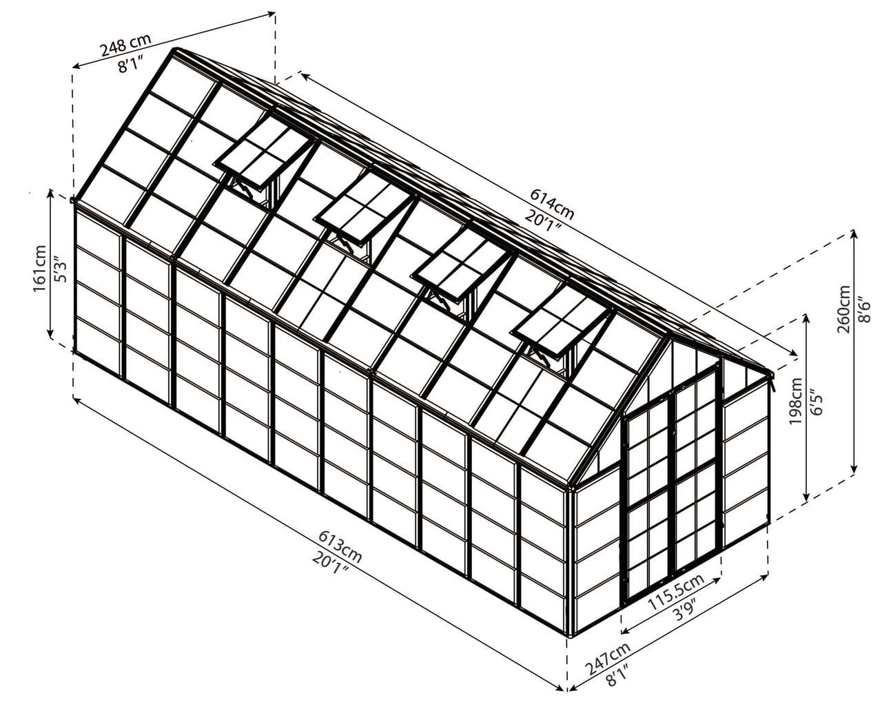 Palram - Canopia Snap & Grow 8' x 20' Polycarbonate/Aluminum Walk-In Greenhouse – Silver - with 4 Roof Vents