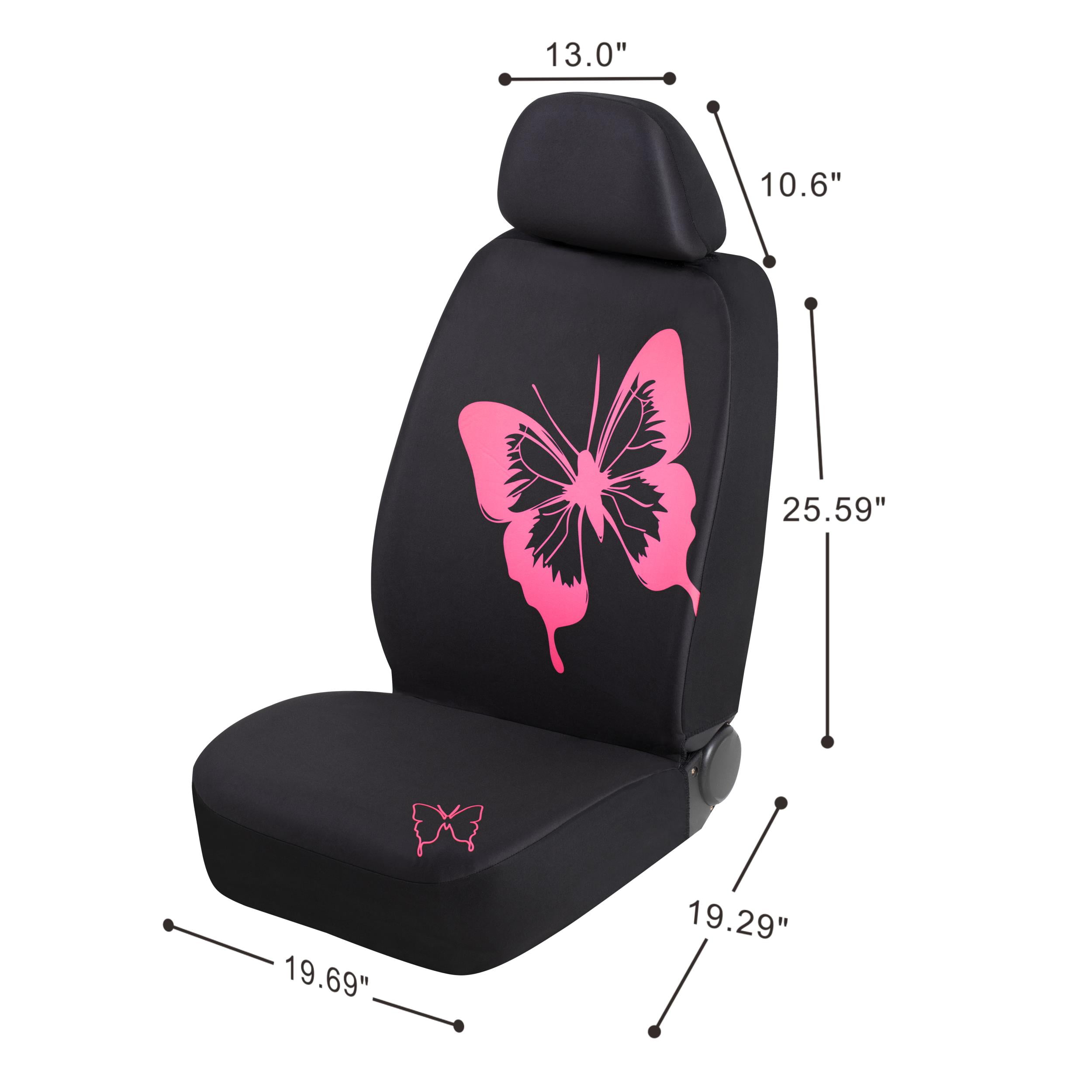 Auto Drive Full Set Seat Cover - Pink Butterfly Printed - Black Polyester -  Universal Fit - 22WMD04