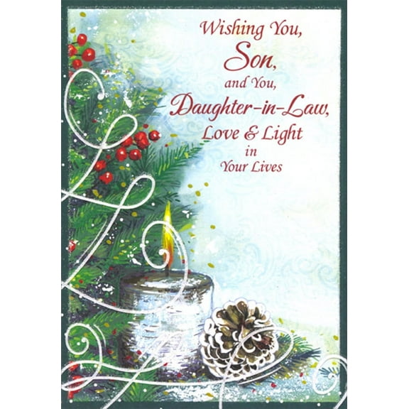 Designer Greetings White Candle, Pine Cone and Branches : Love and Light Religious Christmas Card for Son and Daughter-in-Law