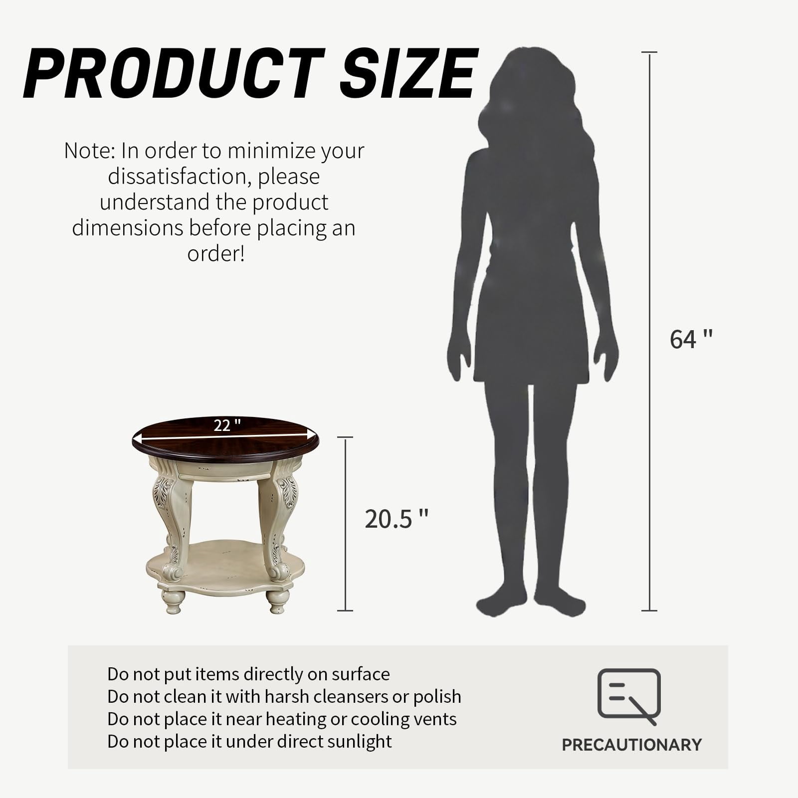 22" Two-Tone Round End Table - Solid Wood Side Table with Shelf & Carved Legs for Living Room, Vintage Style in Beige and Espresso