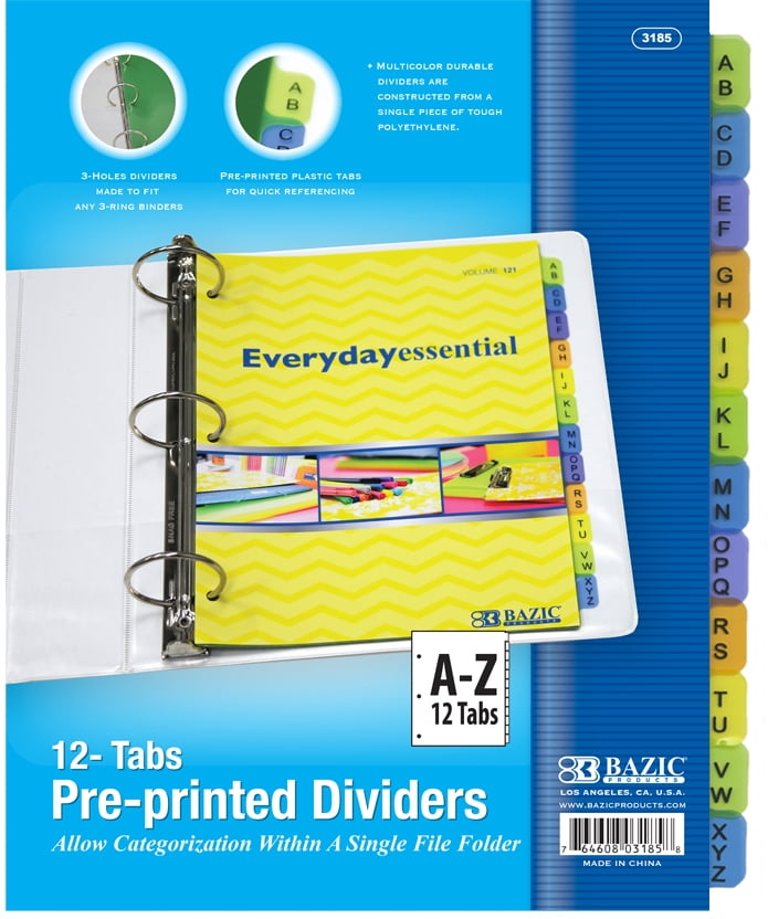 BAZIC 3Ring Binder Dividers w/ 12Preprinted AZ CASE OF 24