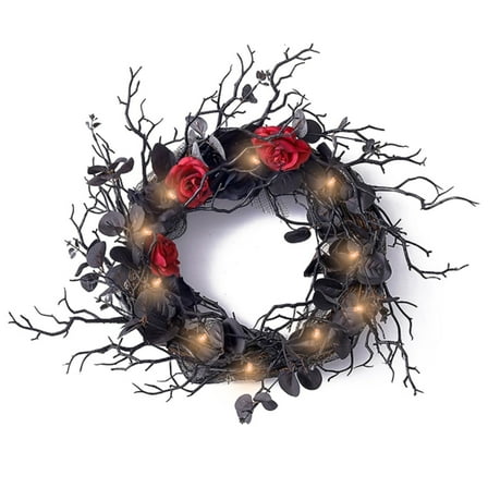 XEAZON Halloween Decorative Wreath, Black Twig Wreath With LED Light, Black Rose Wreath for Halloween Autumn Artificial Flower Home Decor for Halloween, Thanksgiving, Party Favors