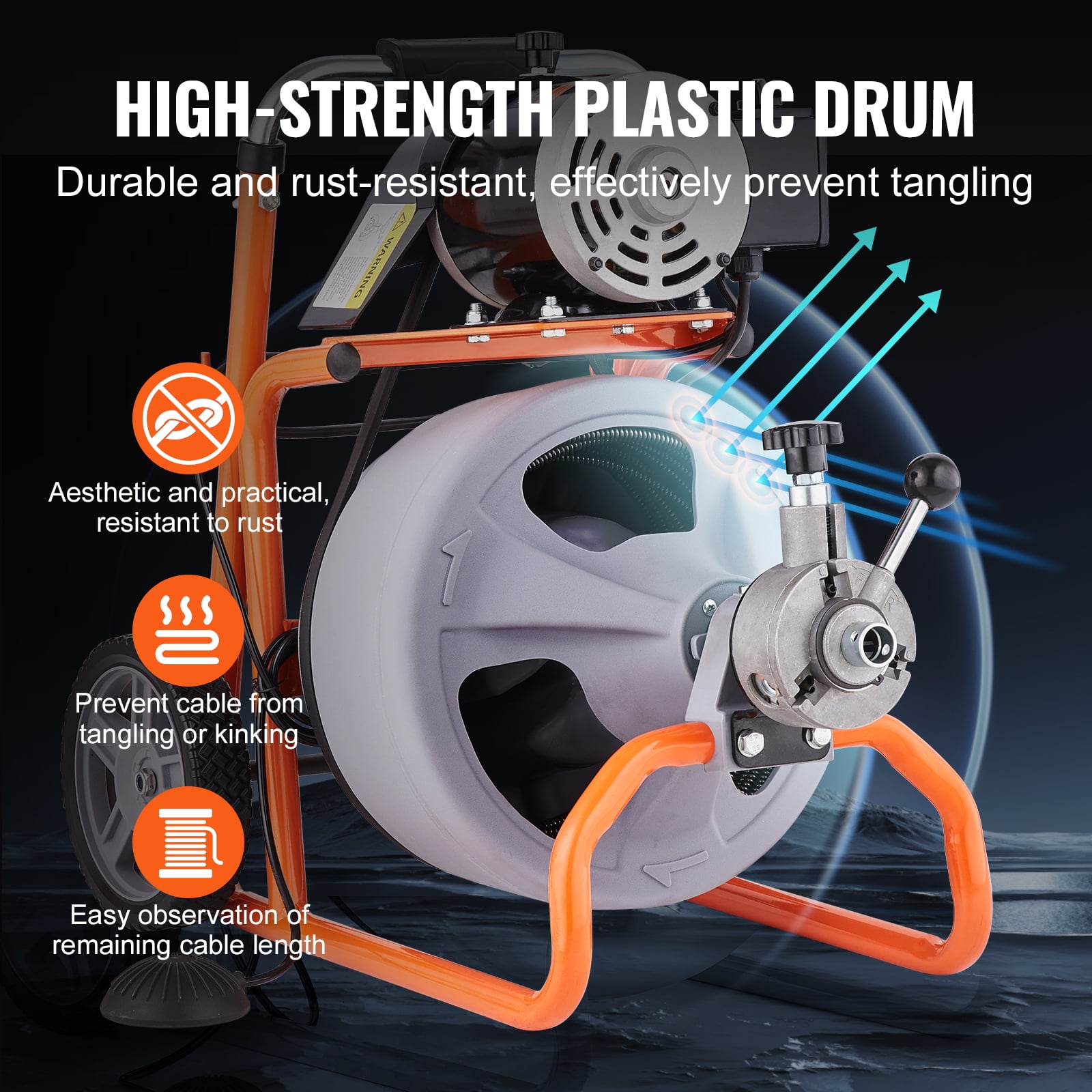 KFFKFF 75FT x 3/8 Inch Drain Cleaner Machine with Auto-Feed, Portable Sewer Snake on Wheels, Drain Cleaning Tool with 8 Cutters & Foot-Activated Switch for 2" to 4" Pipes