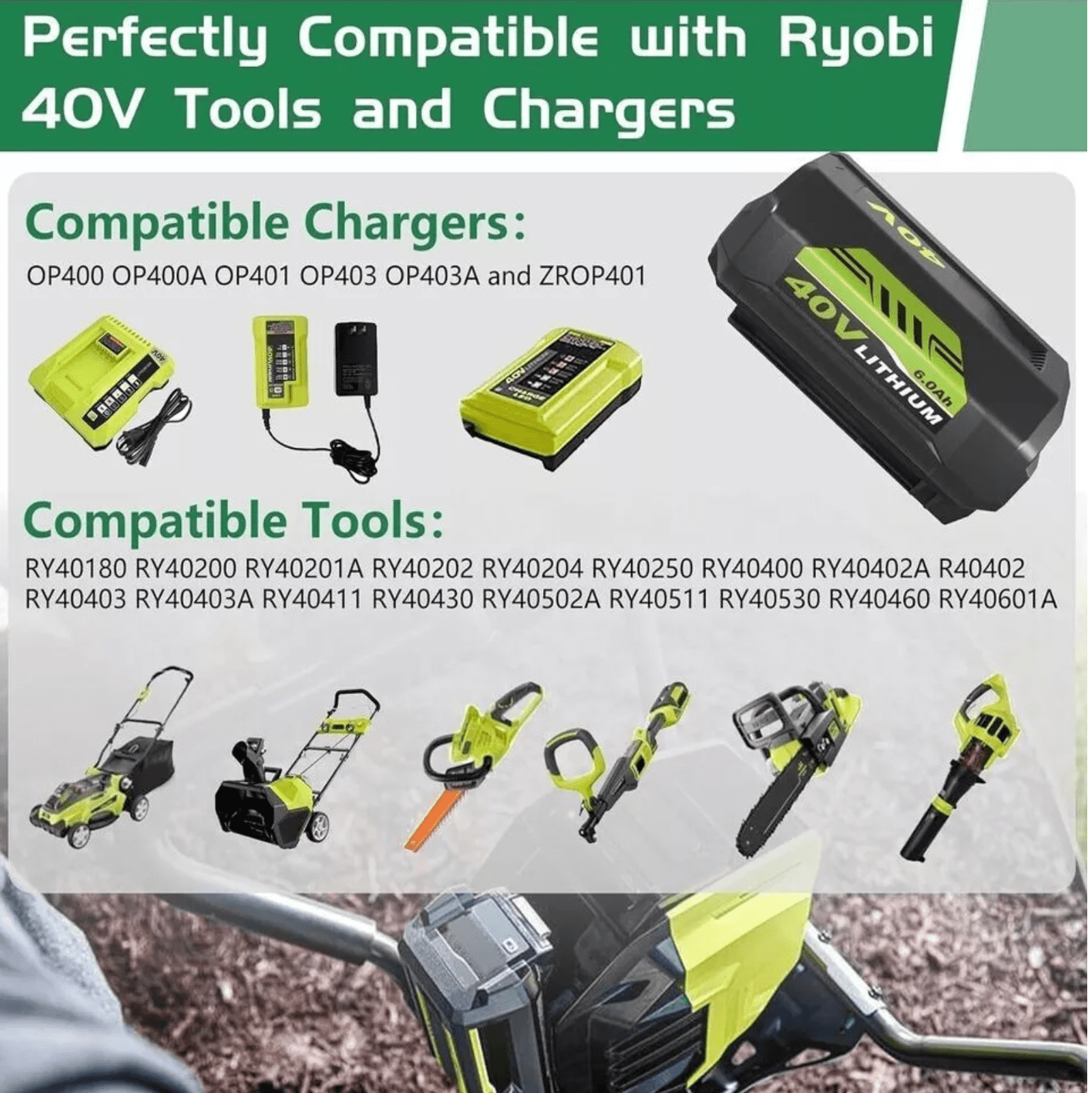 6.0Ah Replacement for Ryobi 40V Battery Compatible with Ryobi Lithium Battery OP4040A1
