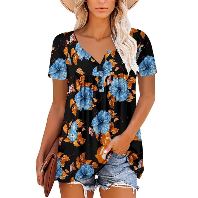 Pntutb Túnica De Verano Para Mujer, Cuello Redondo, Camisetas Con Estampado Floral, Blusa Casual De Manga Corta, Tops Plisados Con Dobladillo Con Volantes Pntutb Pntutb-1619