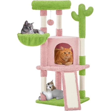Libra Cactus Cat Tree, 42in Cat Tower for Indoor Cats, Multi Level Kitten Condo Scratching Post, Pet Activity Center Furniture w/Ball, Plush Perch, Platform, Basket, Pink/Green