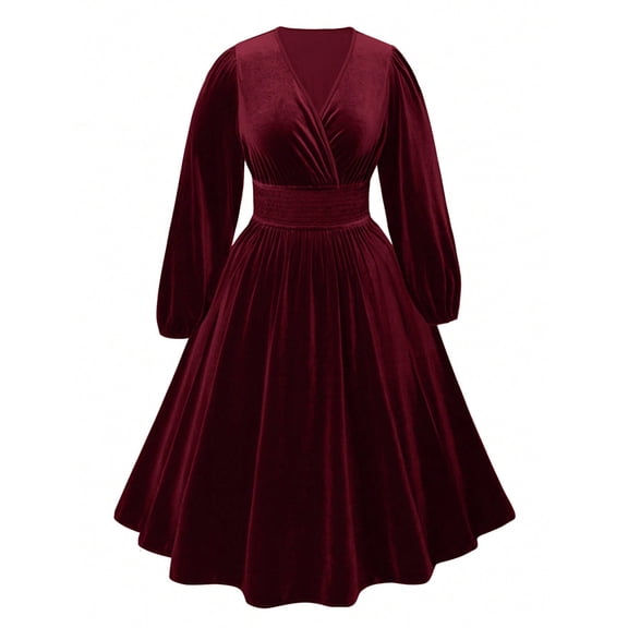 AURA Plus Size Burgundy Knit Midi Dress V Neck Lantern Long Sleeve High Waist A Line