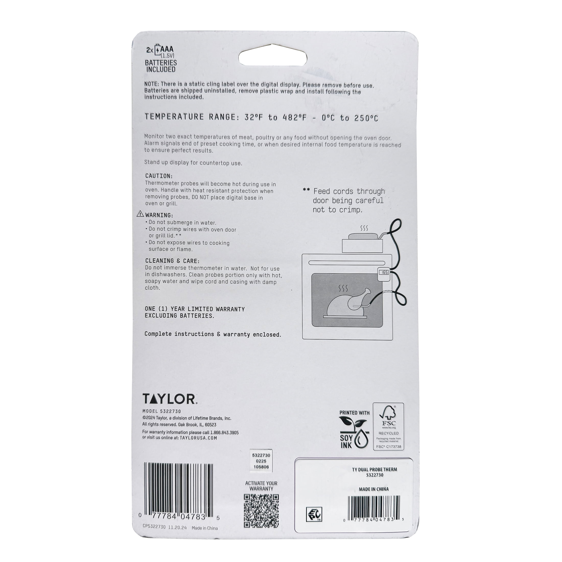Taylor Programmable Dual Probe Digital Grill Food Thermometer, Stainless Steel, Black