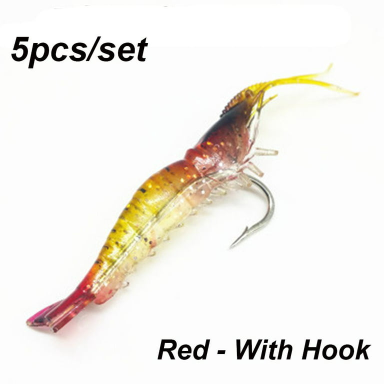 5Pcs/Lot New Sea Fishing Creative Soft Hook Worm Silicone Silicone Prawn  Lure Single Hook Shrimp Fake Bait RED - WITH HOOK 