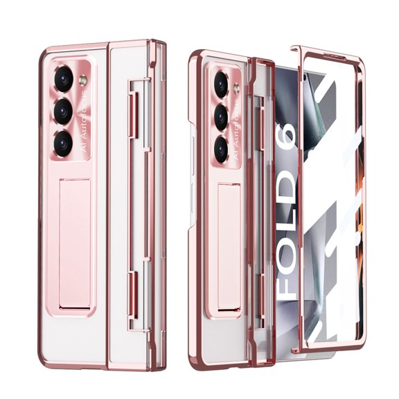 Dteck Compatible for Samsung Galaxy Z Fold 6 Case with Flat Hinge Protection, Built-in Front Screen Protector Full Body Case for Samsung Z Fold 6 Case, Metal Camera Protector & Kickstand,Rosegold
