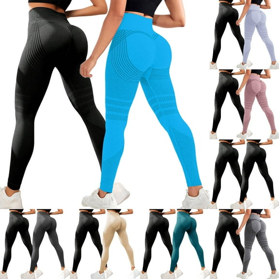 GEWSEY 2 Pack Lifting Yoga Leggings for Women Tummy Control High Waist Seamless Booty Scrunch Gym Running Workout Pants (Grey, L)